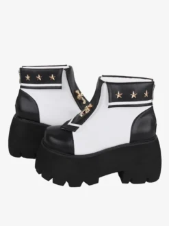 Bottes gothiques Lolita en cuir PU avec œillets métalliques bout carré chaussures Lolita noires