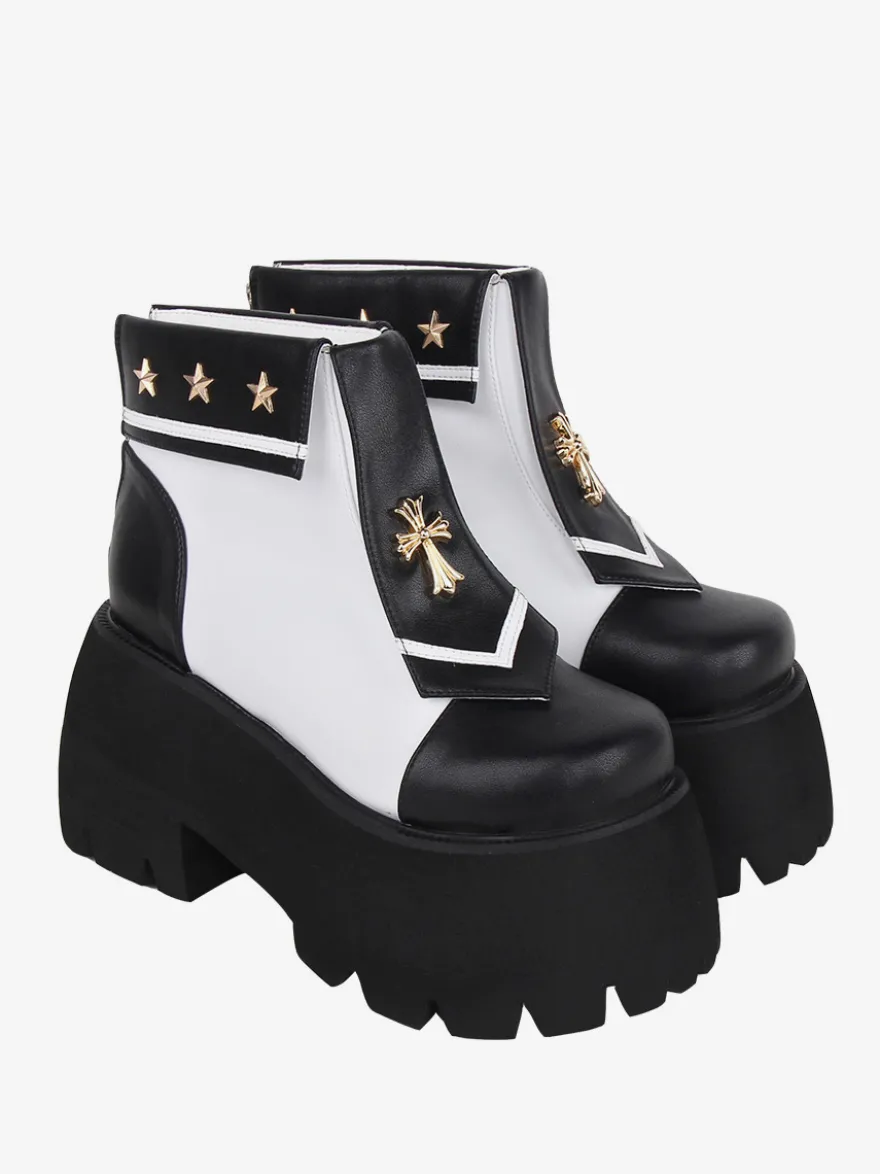 Bottes gothiques Lolita en cuir PU avec œillets métalliques bout carré chaussures Lolita noires