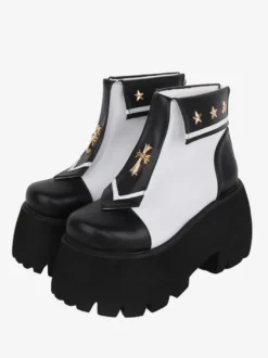 Bottes gothiques Lolita en cuir PU avec œillets métalliques bout carré chaussures Lolita noires