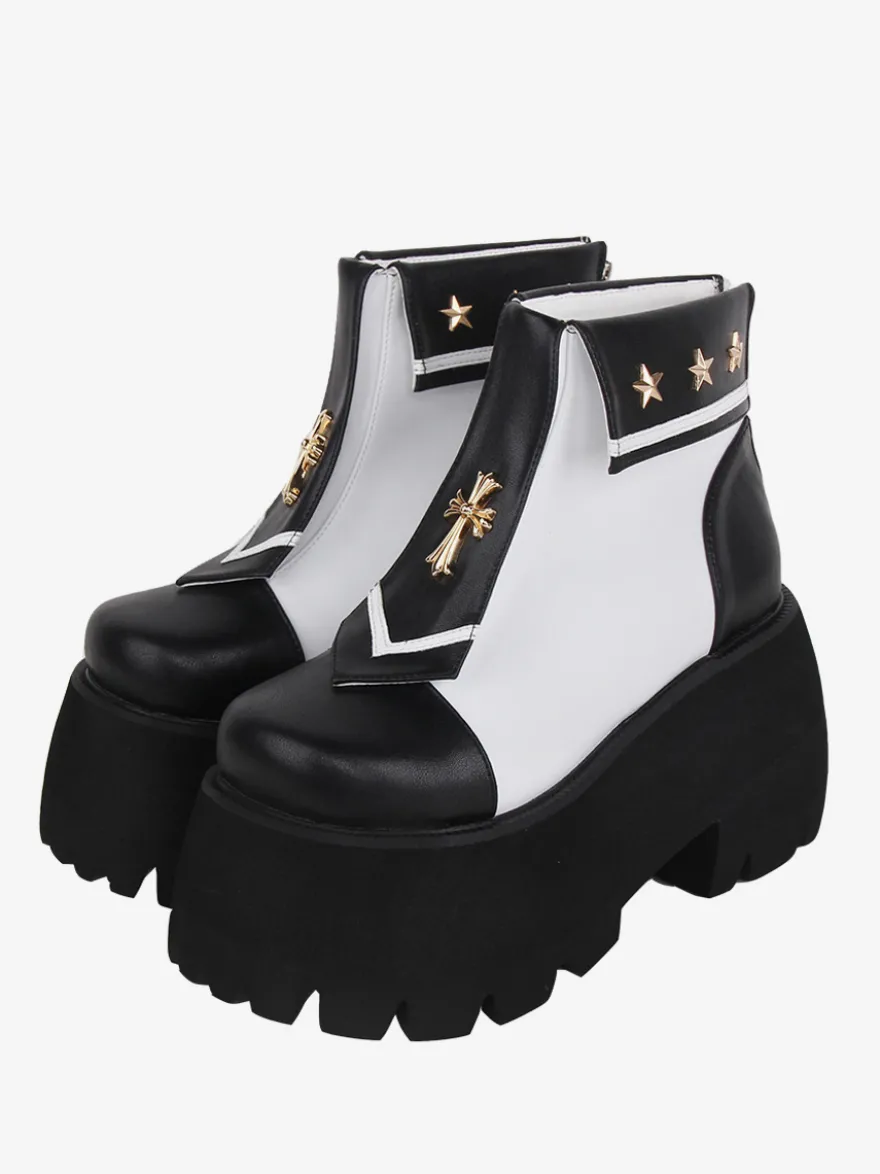Bottes gothiques Lolita en cuir PU avec œillets métalliques bout carré chaussures Lolita noires