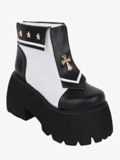 Bottes gothiques Lolita en cuir PU avec œillets métalliques bout carré chaussures Lolita noires