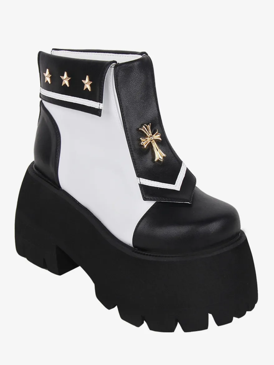 Bottes gothiques Lolita en cuir PU avec œillets métalliques bout carré chaussures Lolita noires