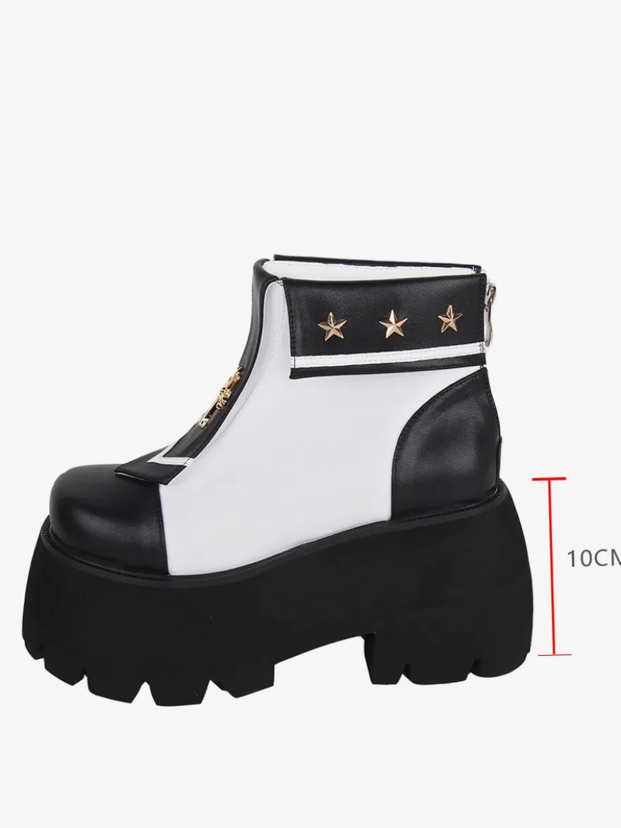 Bottes gothiques Lolita en cuir PU avec œillets métalliques bout carré chaussures Lolita noires