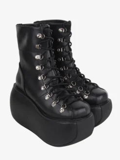 Bottes gothiques Lolita en cuir PU métallisé à bout rond chaussures Lolita noires
