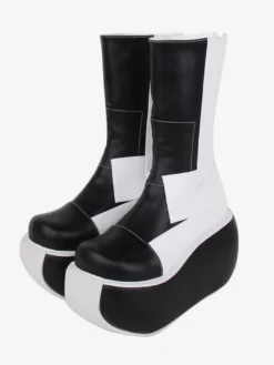 Bottes gothiques lolita en cuir PU patchwork bout rond chaussures lolita noires