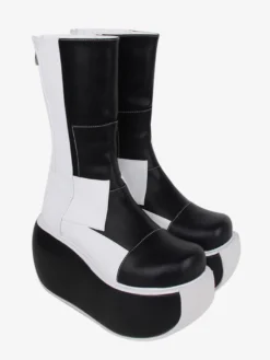 Bottes gothiques lolita en cuir PU patchwork bout rond chaussures lolita noires