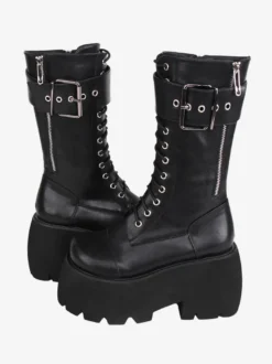 Bottes gothiques Lolita en cuir PU à bout rond chaussures Lolita noires