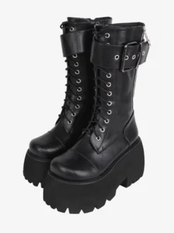 Bottes gothiques Lolita en cuir PU à bout rond chaussures Lolita noires