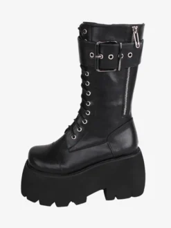 Bottes gothiques Lolita en cuir PU à bout rond chaussures Lolita noires