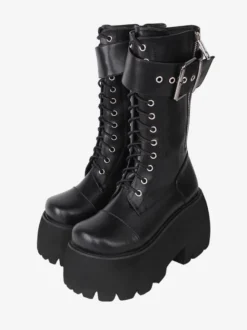 Bottes gothiques Lolita en cuir PU à bout rond chaussures Lolita noires