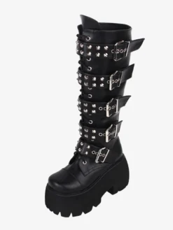 Bottes gothiques Lolita en cuir PU rivets métalliques à paillettes œillets bout rond chaussures Lolita noires