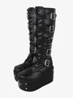 Bottes gothiques Lolita en cuir PU œillets métalliques rivets bout rond chaussures Lolita noires