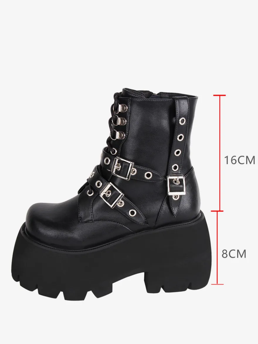 Bottes gothiques Lolita en cuir PU à bout rond chaussures Lolita noires