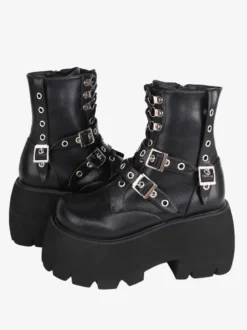 Bottes gothiques Lolita en cuir PU à bout rond chaussures Lolita noires