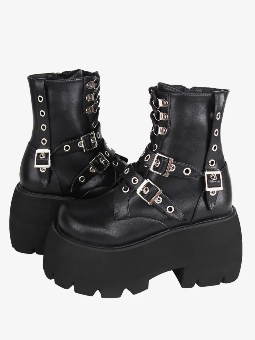 Bottes gothiques Lolita en cuir PU à bout rond chaussures Lolita noires