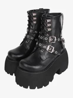 Bottes gothiques Lolita en cuir PU à bout rond chaussures Lolita noires