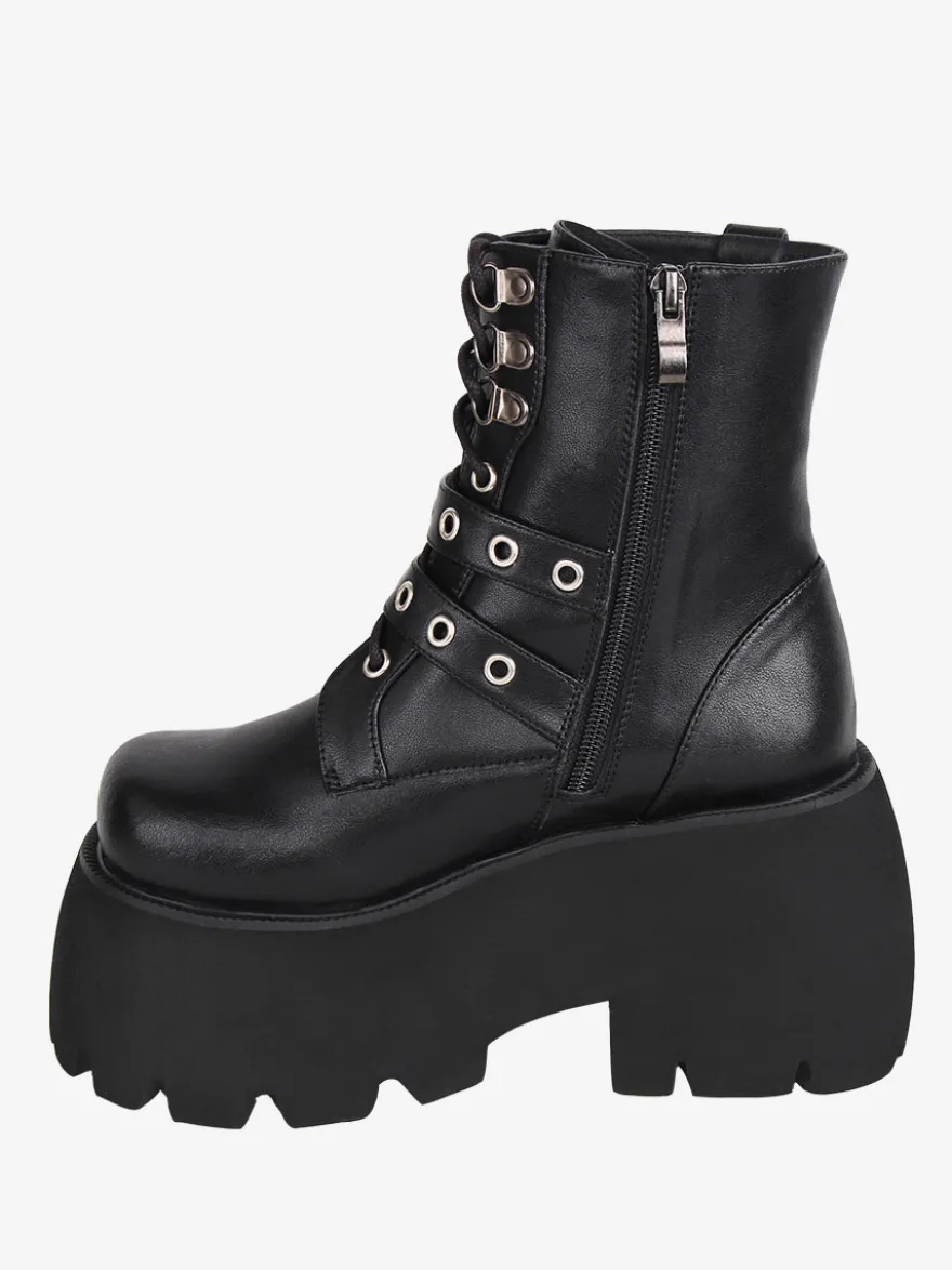 Bottes gothiques Lolita en cuir PU à bout rond chaussures Lolita noires