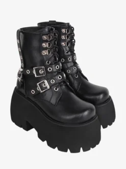 Bottes gothiques Lolita en cuir PU à bout rond chaussures Lolita noires