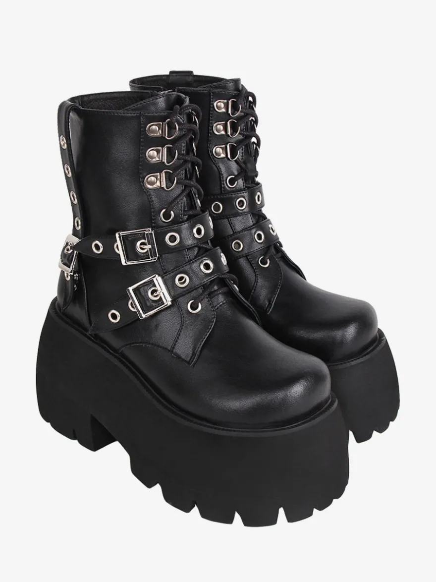 Bottes gothiques Lolita en cuir PU à bout rond chaussures Lolita noires