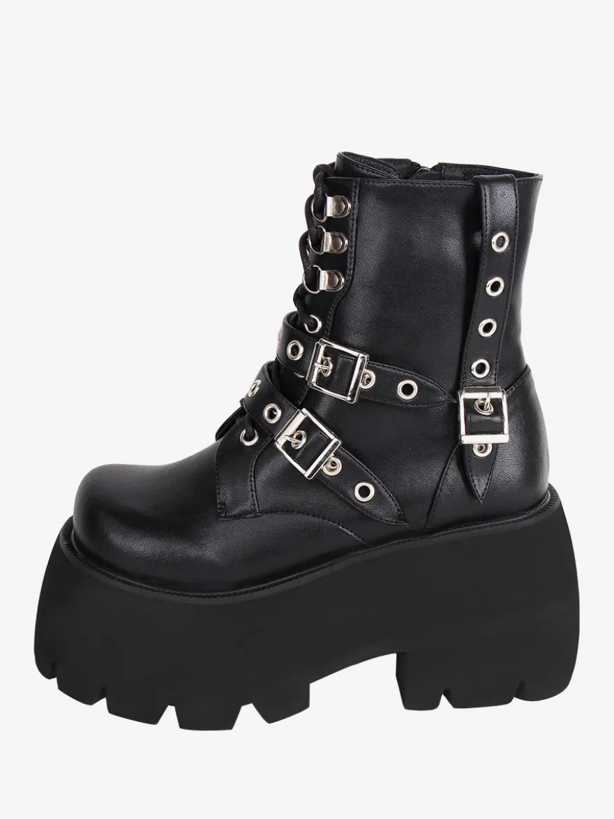 Bottes gothiques Lolita en cuir PU à bout rond chaussures Lolita noires
