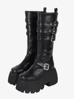 Bottes gothiques Lolita à œillets noirs et bout rond en cuir PU métallisé Chaussures Lolita