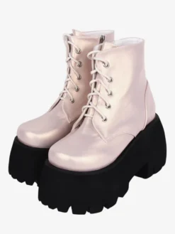 Bottes gothiques Lolita kaki à bout rond en cuir PU chaussures Lolita