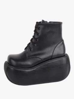 Bottes gothiques Lolita noires à bout rond en cuir PU chaussures à plateforme Lolita bottines