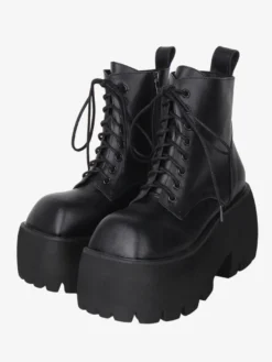 Bottes gothiques Lolita noires à lacets chaussures Lolita en cuir PU à bout carré