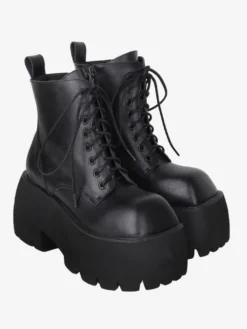 Bottes gothiques Lolita noires à lacets chaussures Lolita en cuir PU à bout carré