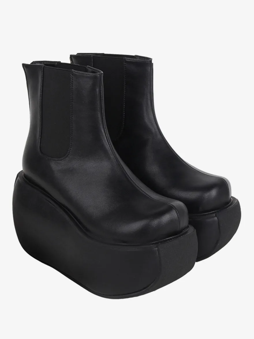 Bottes gothiques Lolita noires en cuir PU à bout rond chaussures Lolita