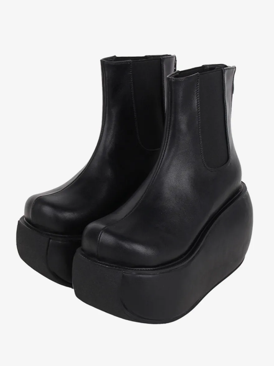 Bottes gothiques Lolita noires en cuir PU à bout rond chaussures Lolita