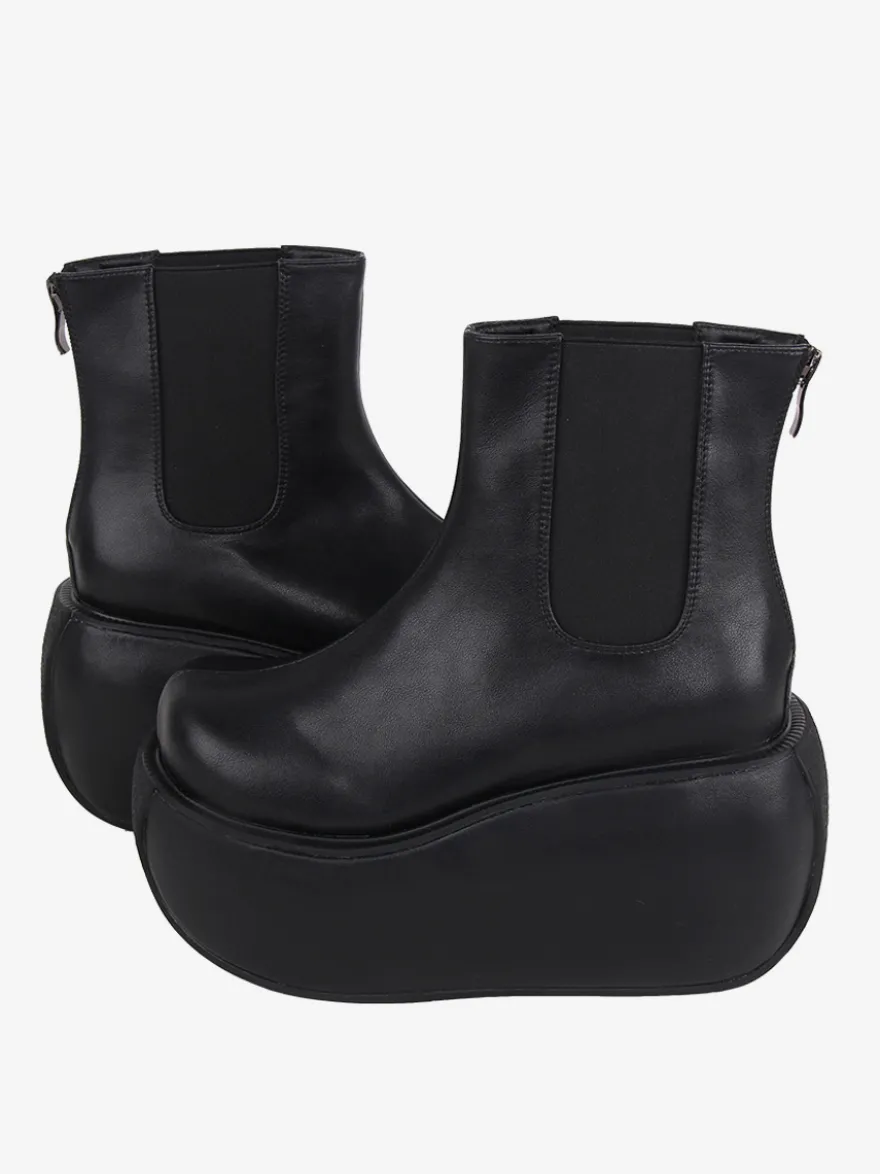 Bottes gothiques Lolita noires en cuir PU à bout rond chaussures Lolita