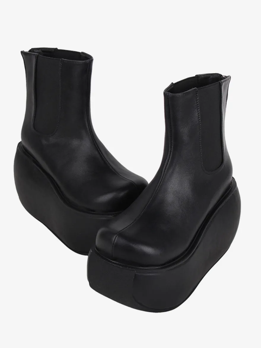 Bottes gothiques Lolita noires en cuir PU à bout rond chaussures Lolita