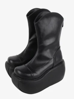 Bottes gothiques Lolita noires en cuir PU à bout rond chaussures Lolita