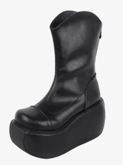 Bottes gothiques Lolita noires en cuir PU à bout rond chaussures Lolita