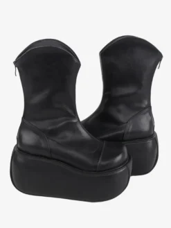 Bottes gothiques Lolita noires en cuir PU à bout rond chaussures Lolita