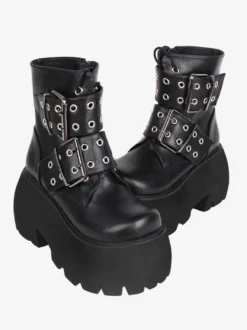 Bottes gothiques Lolita noires en cuir PU à bout rond chaussures Lolita