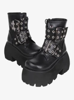 Bottes gothiques Lolita noires en cuir PU à bout rond chaussures Lolita