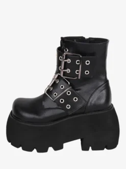 Bottes gothiques Lolita noires en cuir PU à bout rond chaussures Lolita