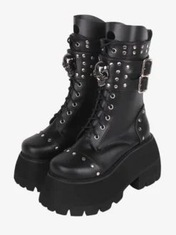 Bottes gothiques épaisses Lolita en cuir PU à bout rond chaussures Lolita noires