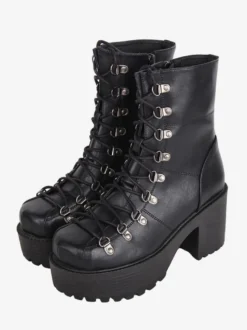 Bottes gothiques épaisses Lolita noires en cuir PU à bout rond chaussures Lolita