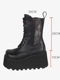 Bottes gothiques épaisses Lolita noires en cuir PU à bout rond chaussures Lolita