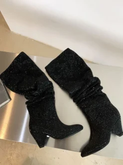 Bottes Hautes Au Genou Noires Femmes Cuir Talon Cône Bottes Mi-haut