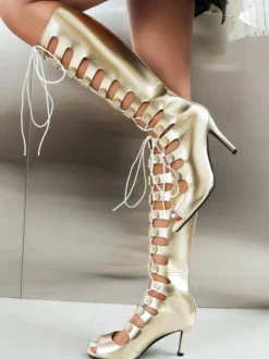 Bottes hautes au genou pour femmes sandales à talons hauts découpées et à bout rond