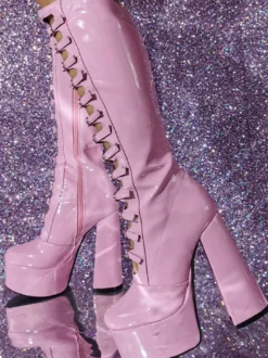Bottes hautes au genou roses Plateforme supérieure en PU verni Talon épais Boucle Détail Bottes sexy