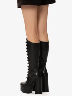 Bottes hautes au genou roses Plateforme supérieure en PU verni Talon épais Boucle Détail Bottes sexy
