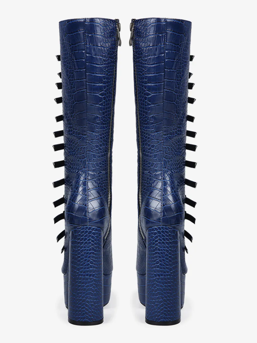Bottes hautes bleues à plateforme et talons épais grande taille avec boucle