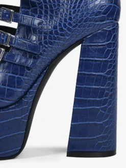 Bottes hautes bleues à plateforme et talons épais grande taille avec boucle