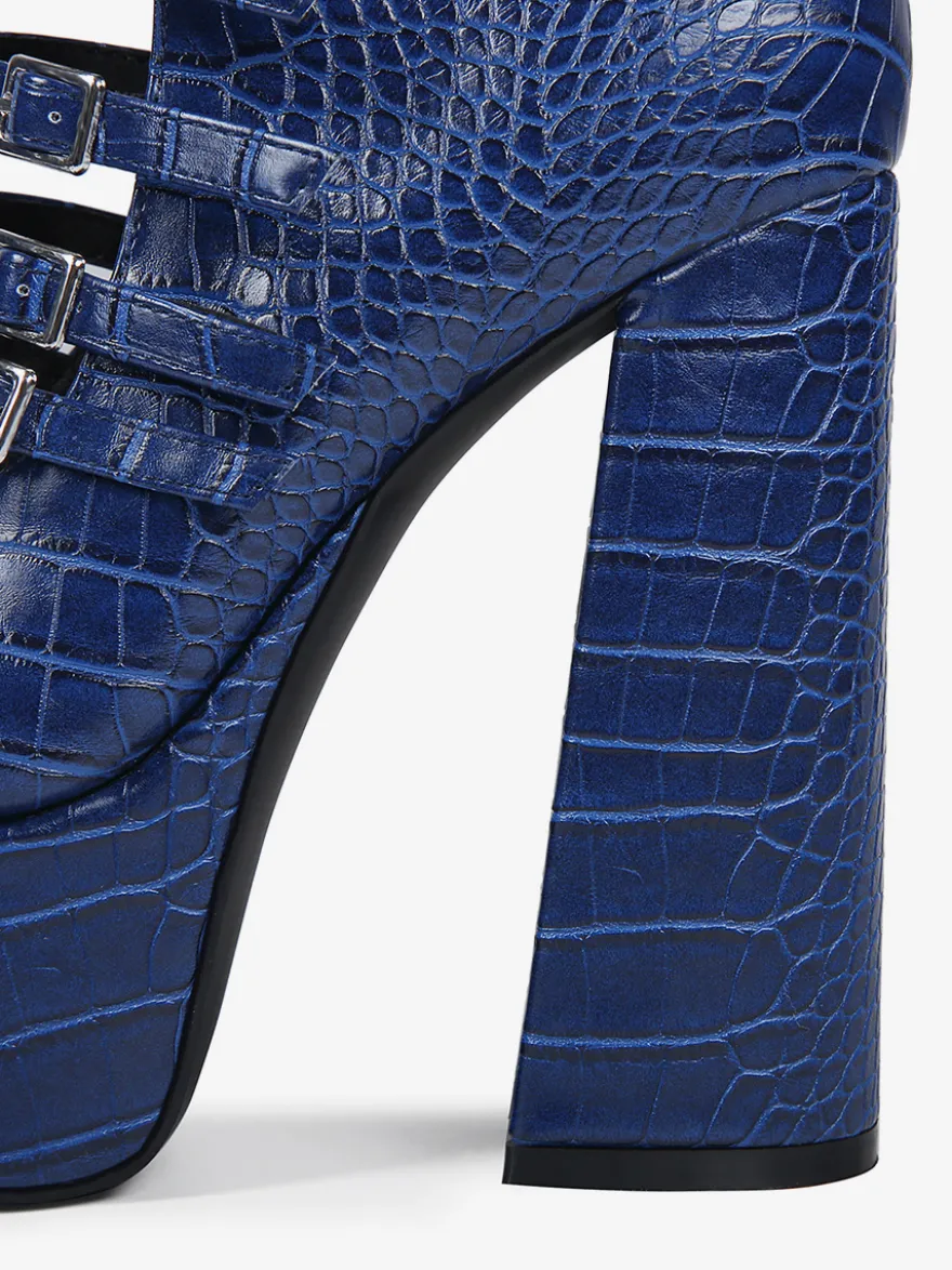 Bottes hautes bleues à plateforme et talons épais grande taille avec boucle