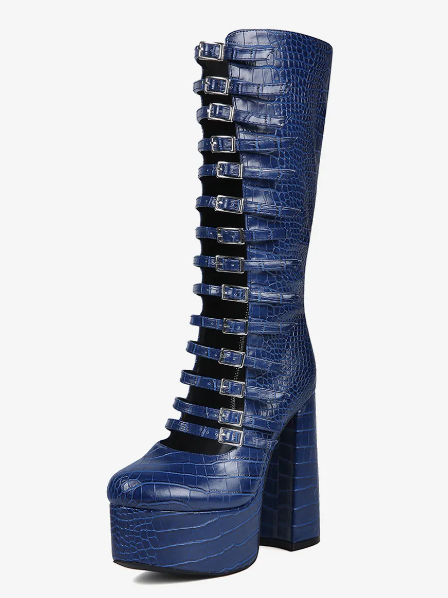 Bottes hautes bleues à plateforme et talons épais grande taille avec boucle